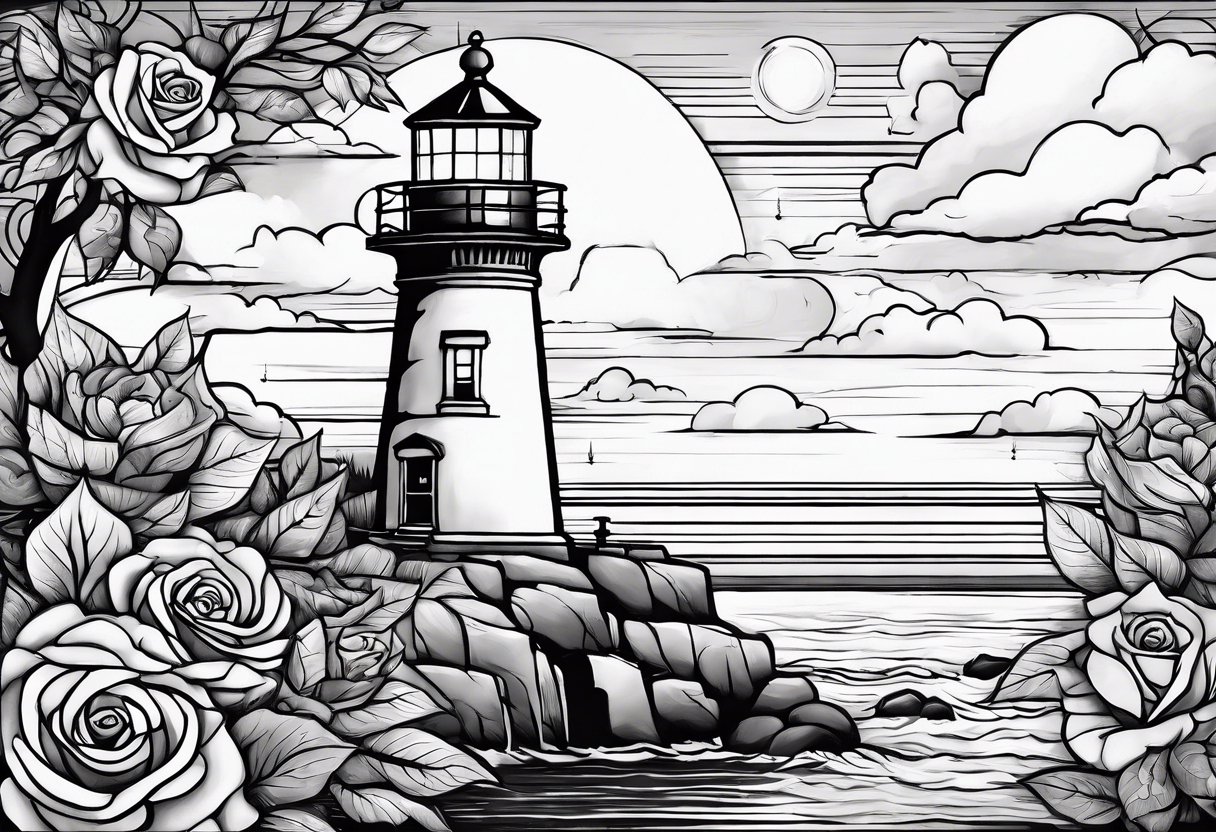 thigh placement in fall colors, showing, light house, water, rocks, sky, clouds, leaves, roses tattoo idea