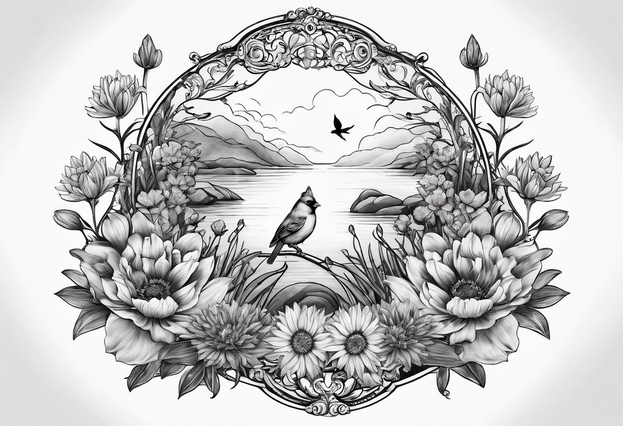 Oval shape with sea rocket and aster flowers with a small cardinal room in the center for a signature less ornate tattoo idea