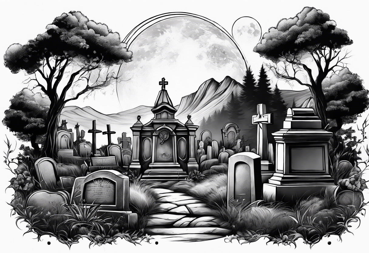 Cemetery on hills with smoke and moon tattoo idea