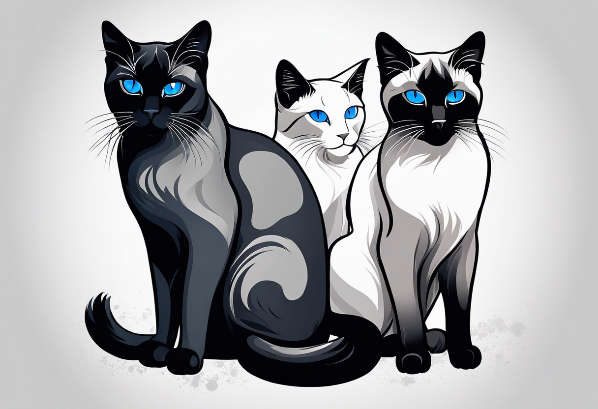 Two cats. One is medium length black and white fur, the other is a medium gray Siamese with blue eyes that are slightly crossed. tattoo idea