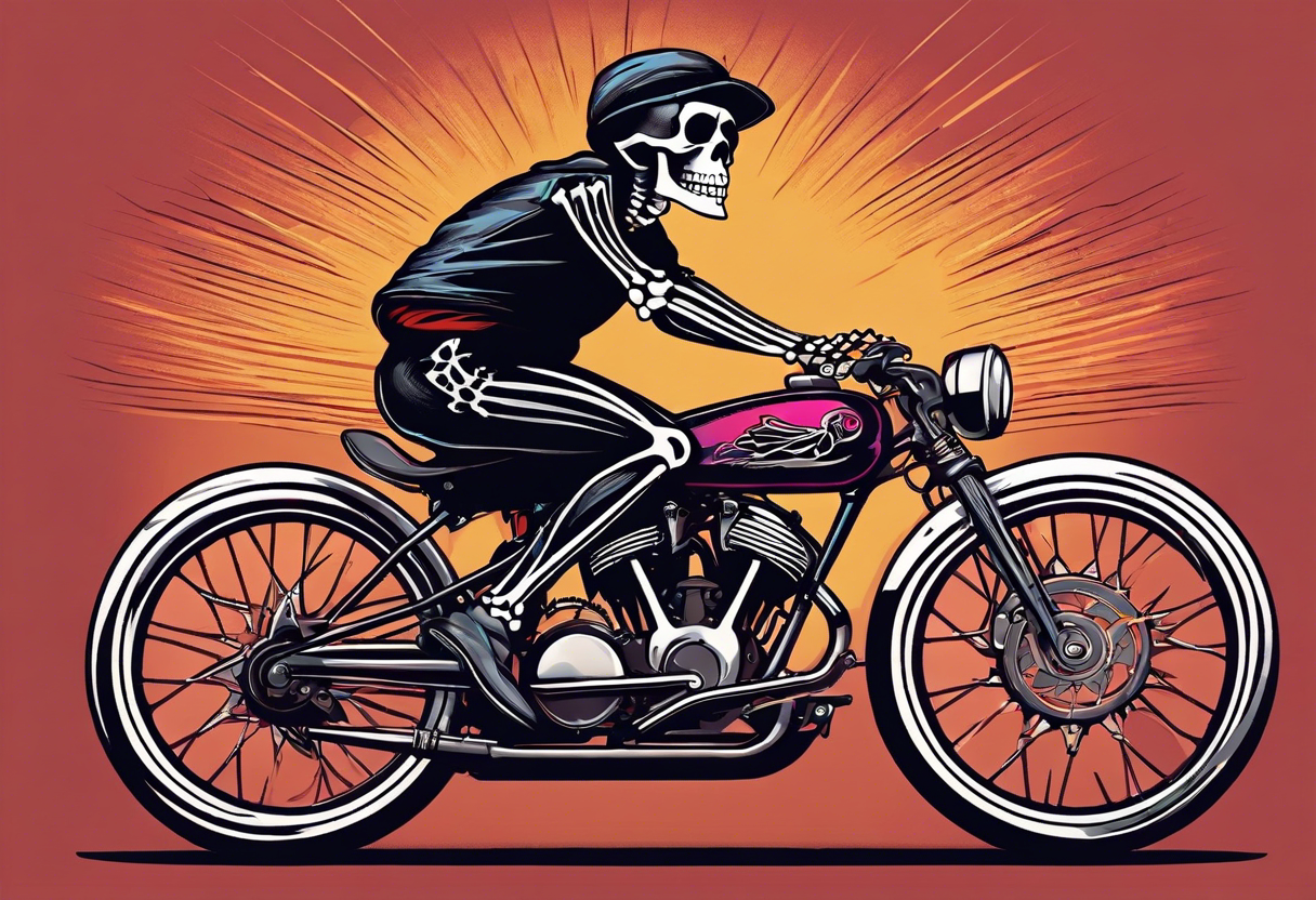 skeleton wearing 80s style licra and cap rides a road racing bicycle. The skeleton is grinning at the viewer. There is no background image tattoo idea