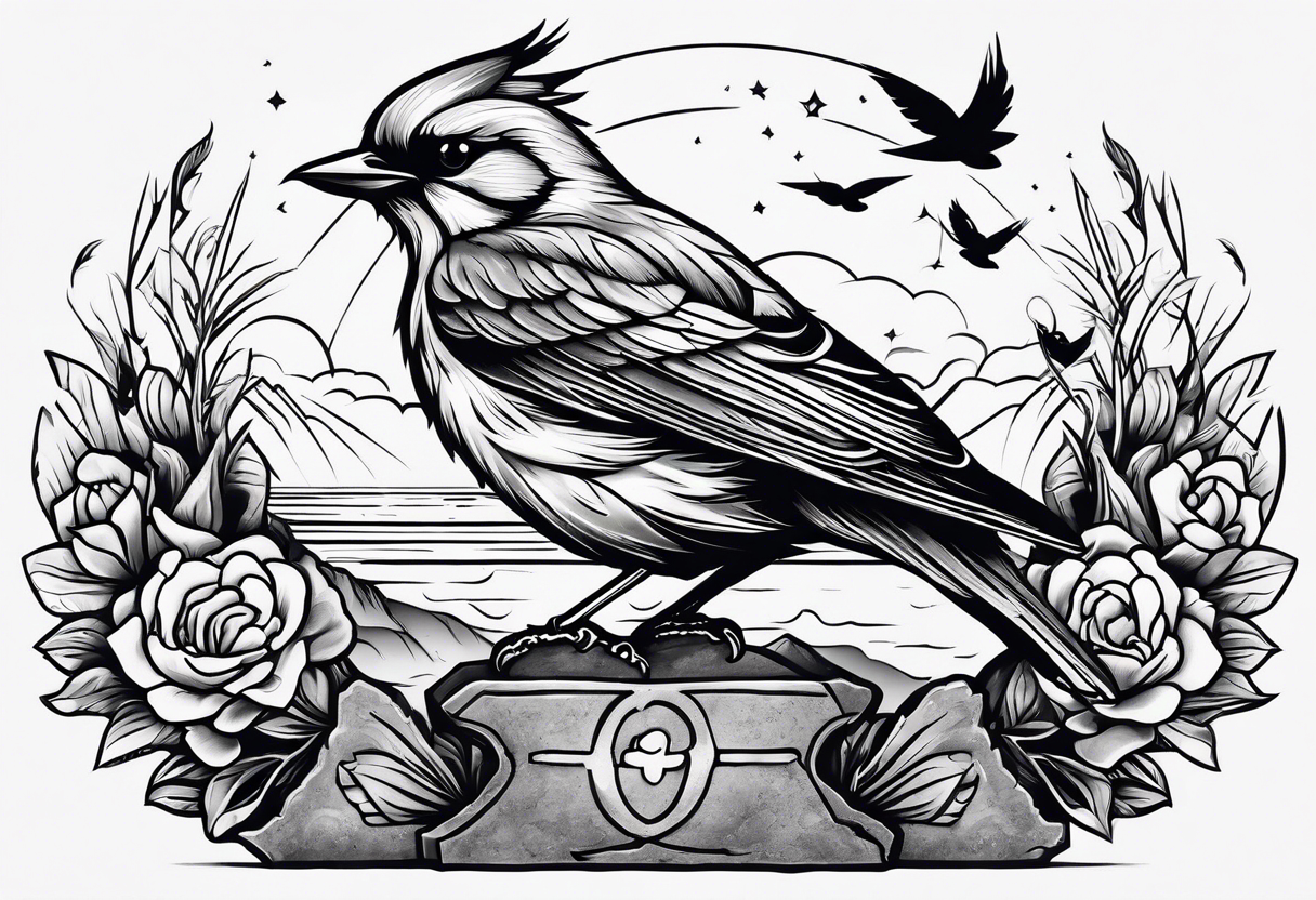 Bird resting on a grave stone tattoo idea