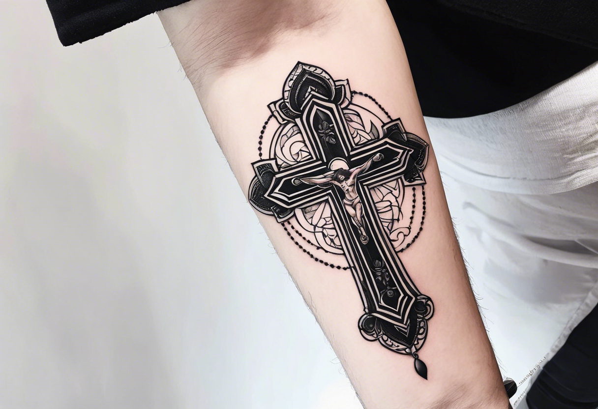 a forearm tattoo with cross and rosary around it tattoo idea