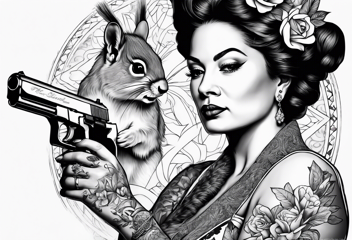 the queen of england shooting a pistol at a squirrel tattoo idea