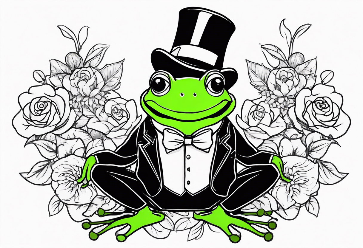 Cute Frog smiling wearing top hat and a suit standing on its Back legs while holding flowers tattoo idea