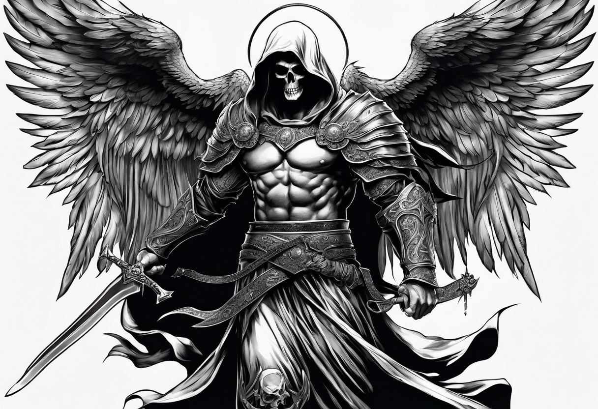 realistic full body of man angel of death, without face, holding sword tattoo idea