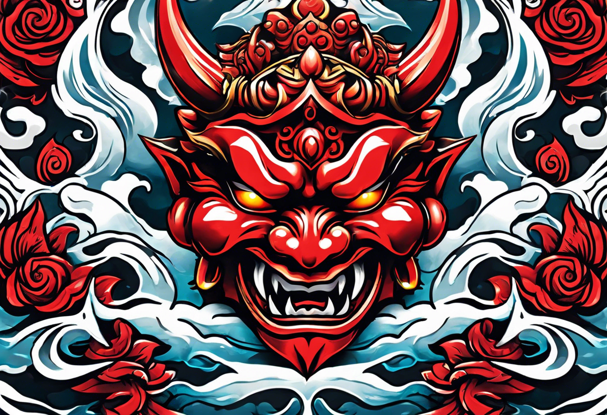 red oni mask floating in water tattoo idea
