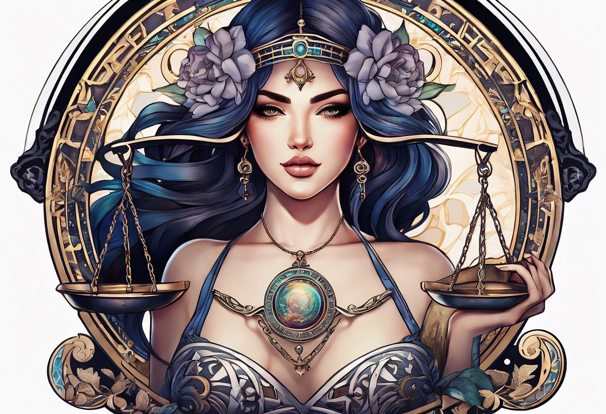 Libra woman holding scales with a night zodiac background including a half moon that encircles half of the woman tattoo idea