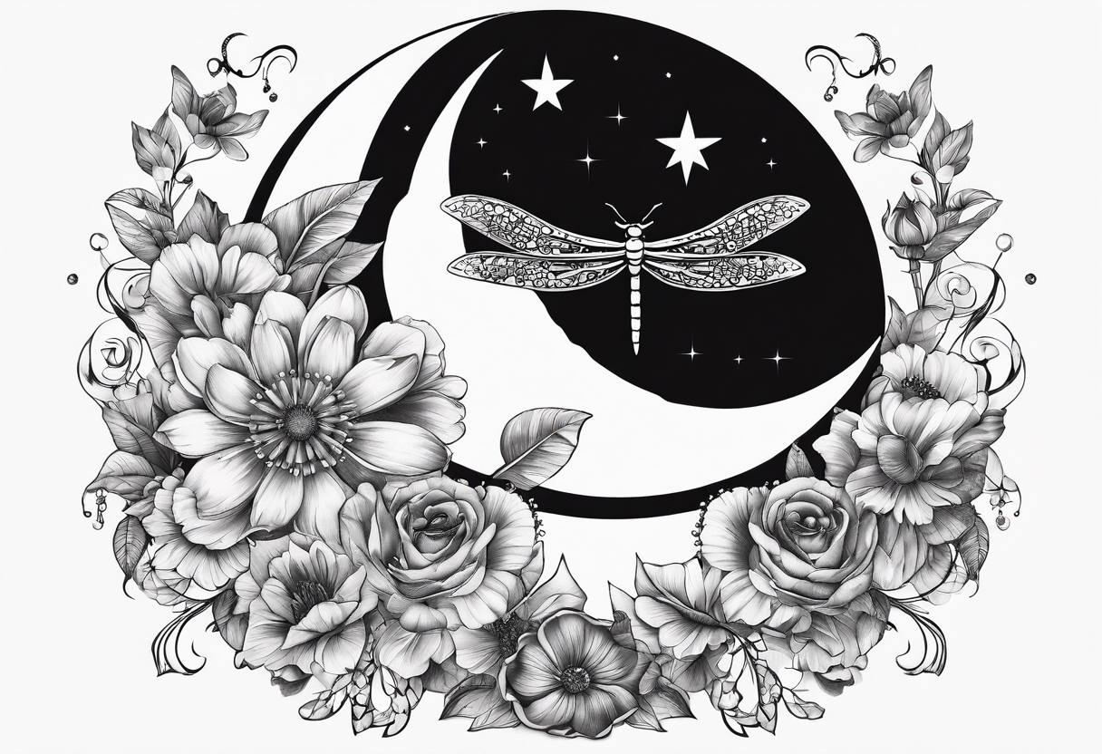 Floral moon phases with dragonfly and chain with stars in a line tattoo idea