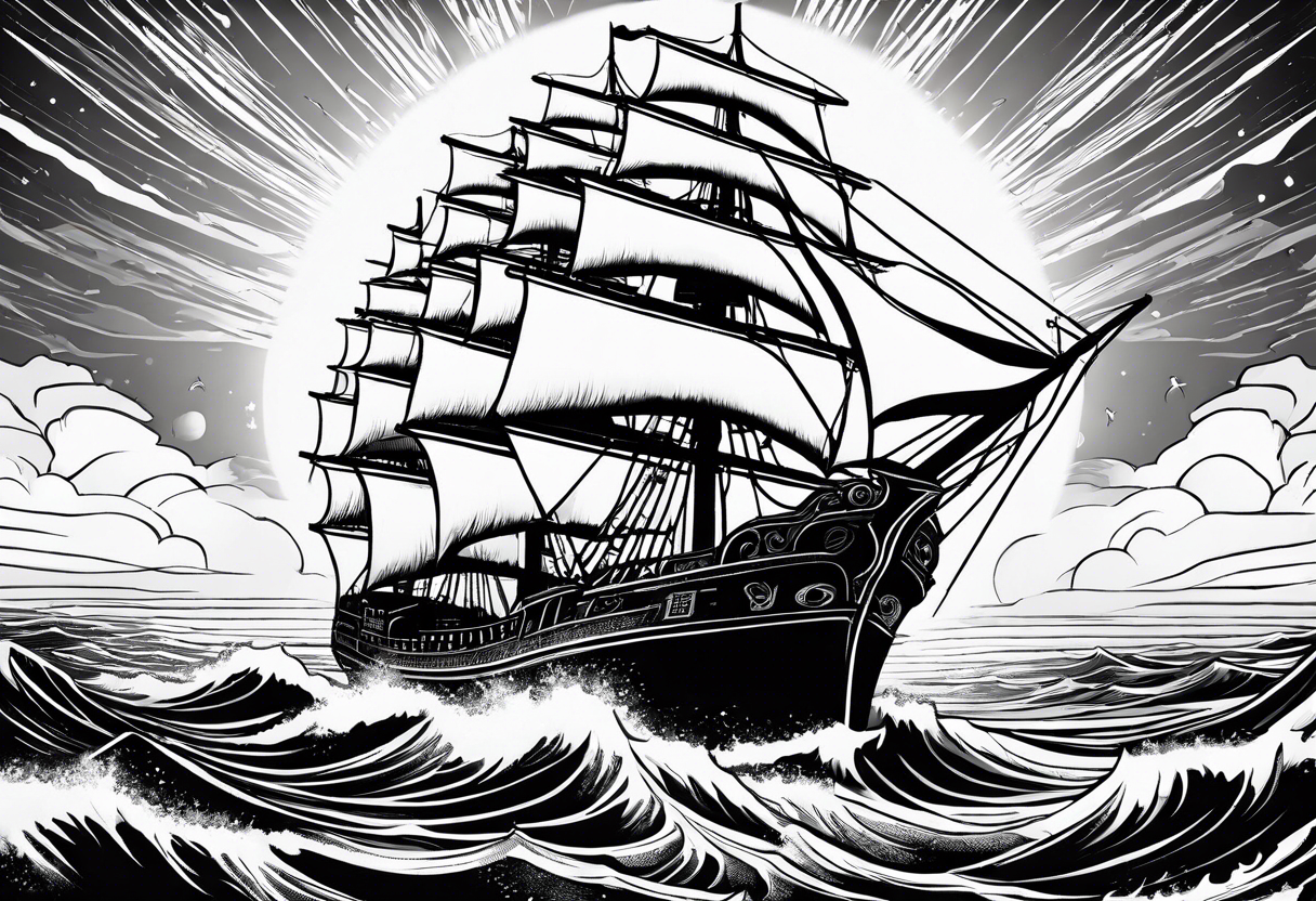 huge ship hitting in the sea with sun on the sky
without many details tattoo idea