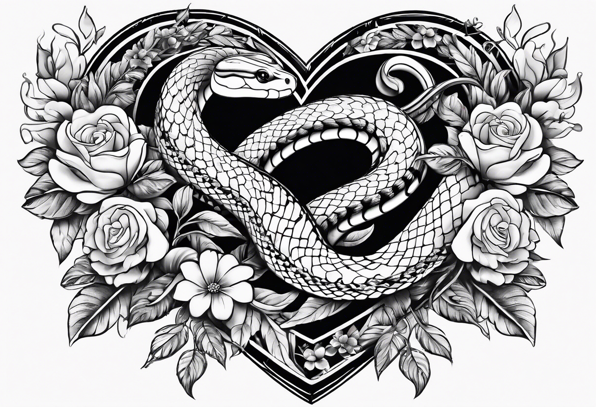 snakes wrapped around a heart with flowers tattoo idea