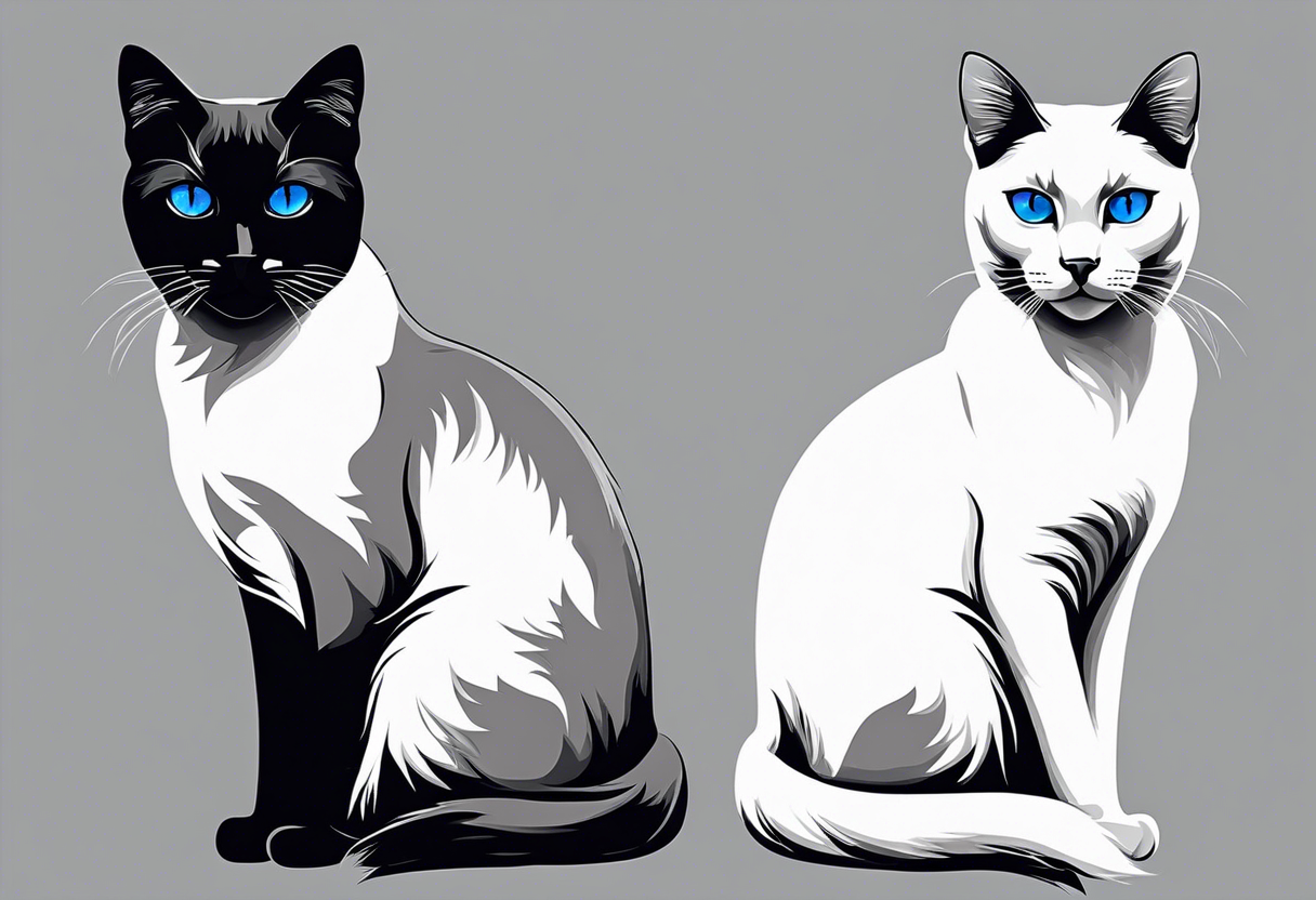 Two cats. One is medium length black and white fur, the other is a medium gray Siamese with blue eyes that are slightly crossed. tattoo idea