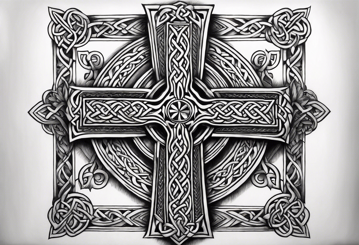 Celtic cross, shamrock in center of cross, one Indian feather hanging from each side arm of cross tattoo idea