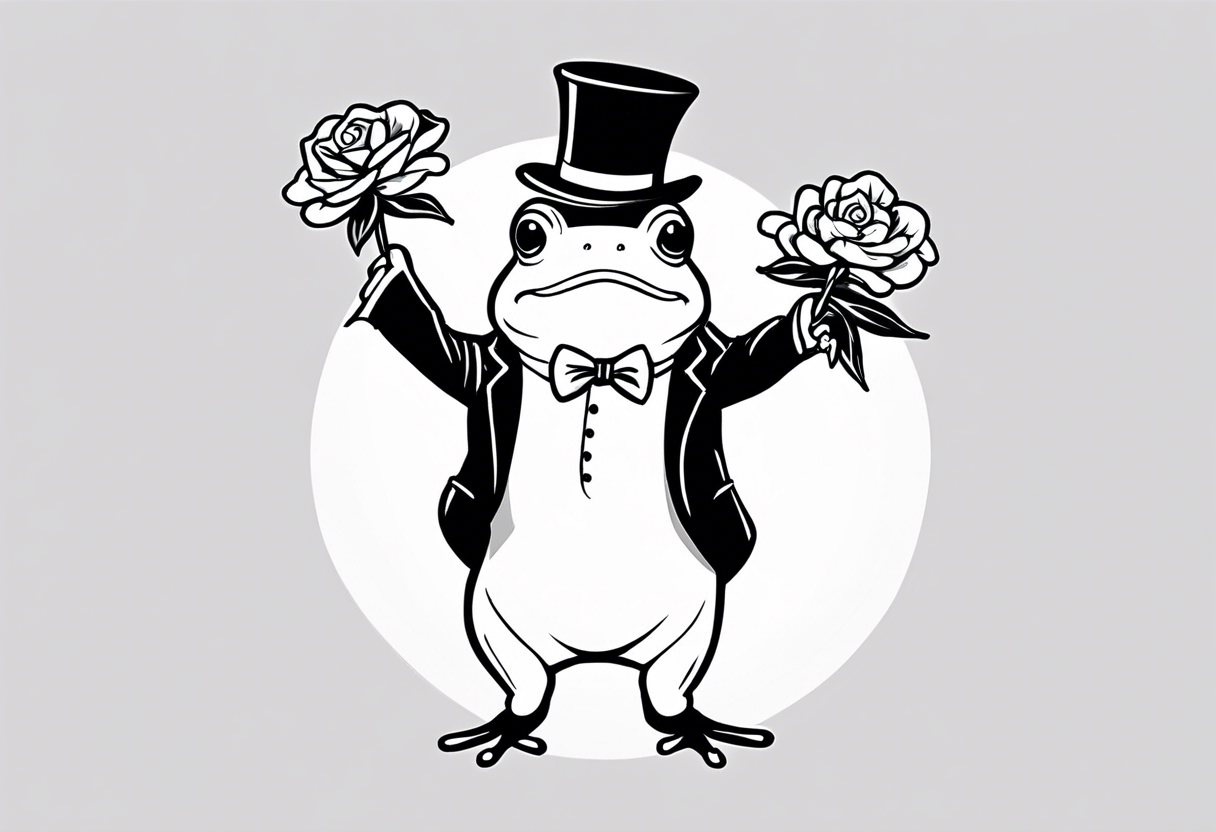 Cute toad standing on back legs  in a top hat and a formal suit holding flowers to go on a date tattoo idea