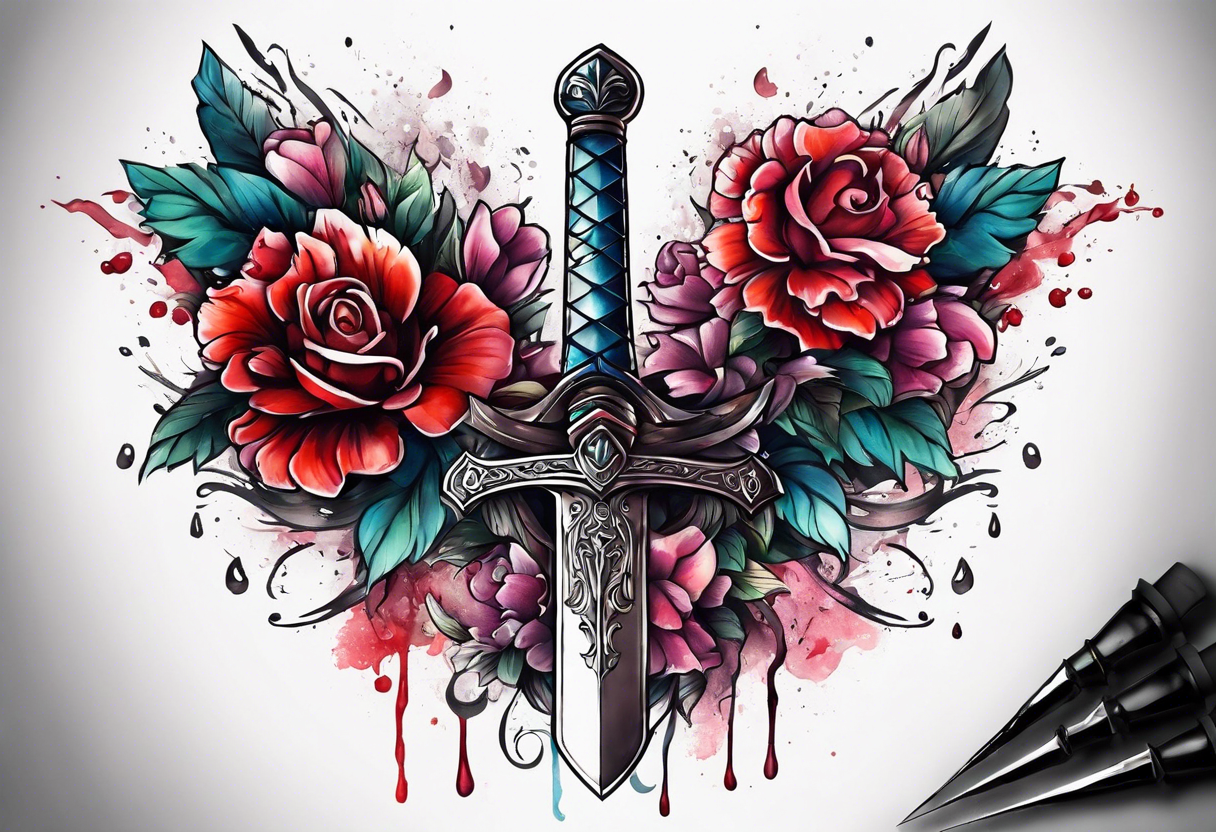 Bloody sword and flowers tattoo idea