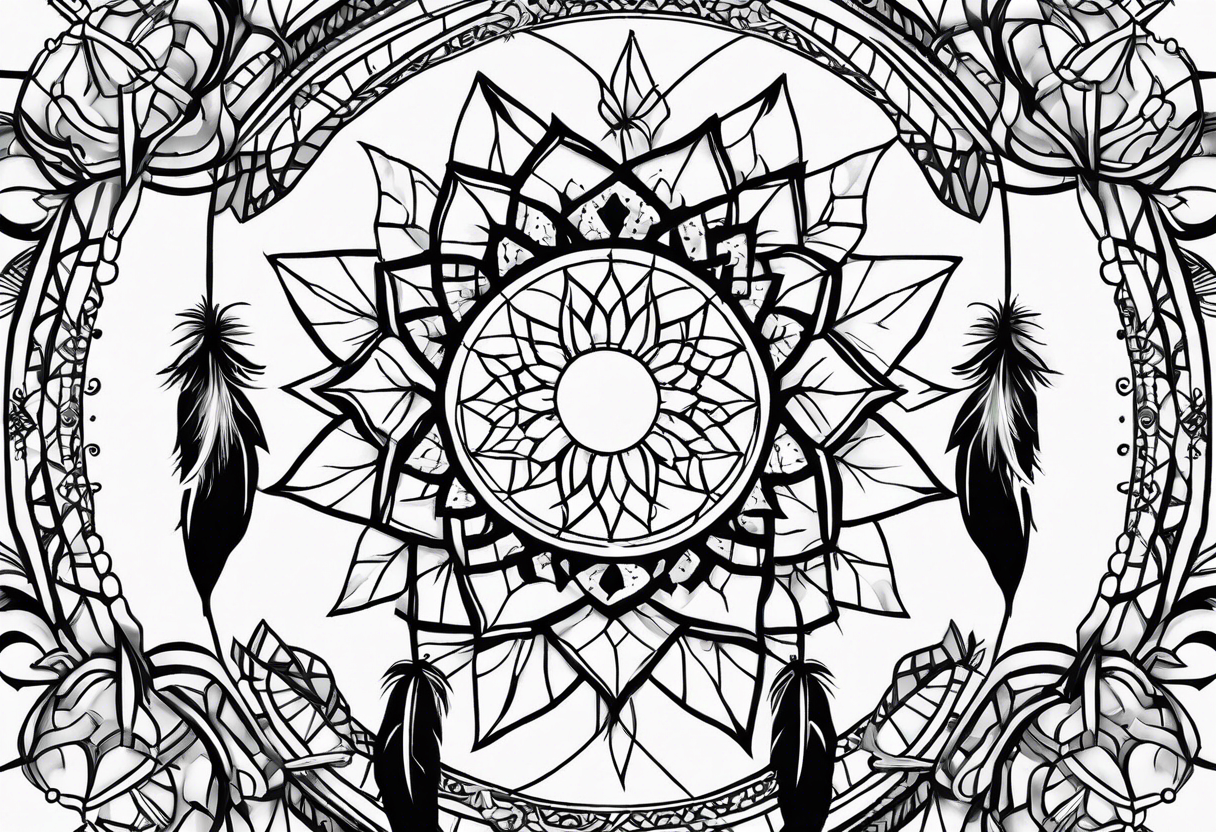 A black and white detailed dream catcher with a lot of shading tattoo idea