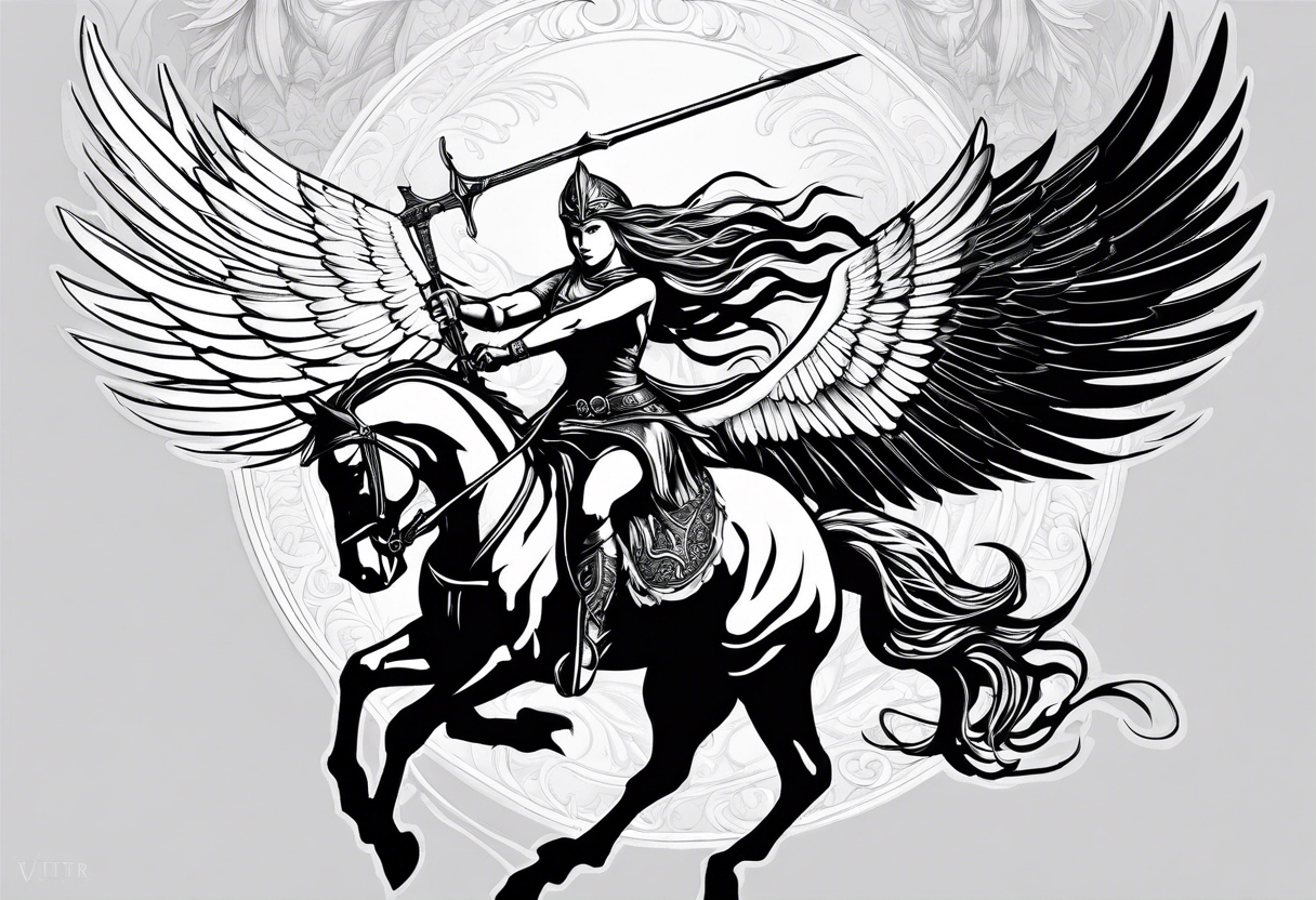 Valkyrie on winged Pegasus, flight, holding spear, looking down tattoo idea