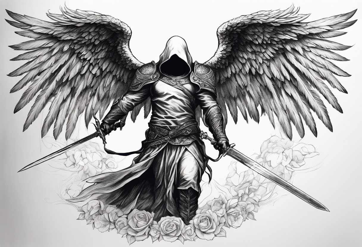 realistic angel of death, man, full body, no face visible, holding one sword, sword pointing downwards, both hands are holding the sword tattoo idea