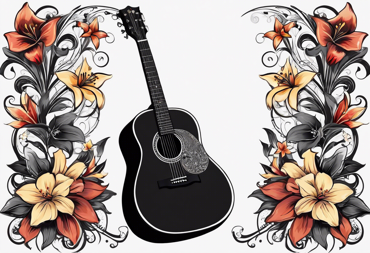 flat basic black acoustic guitar, entire guitar, wrapped with lilies around the neck, with a simple black star on the guitar body. meant for the inside of a woman's bicep tattoo idea