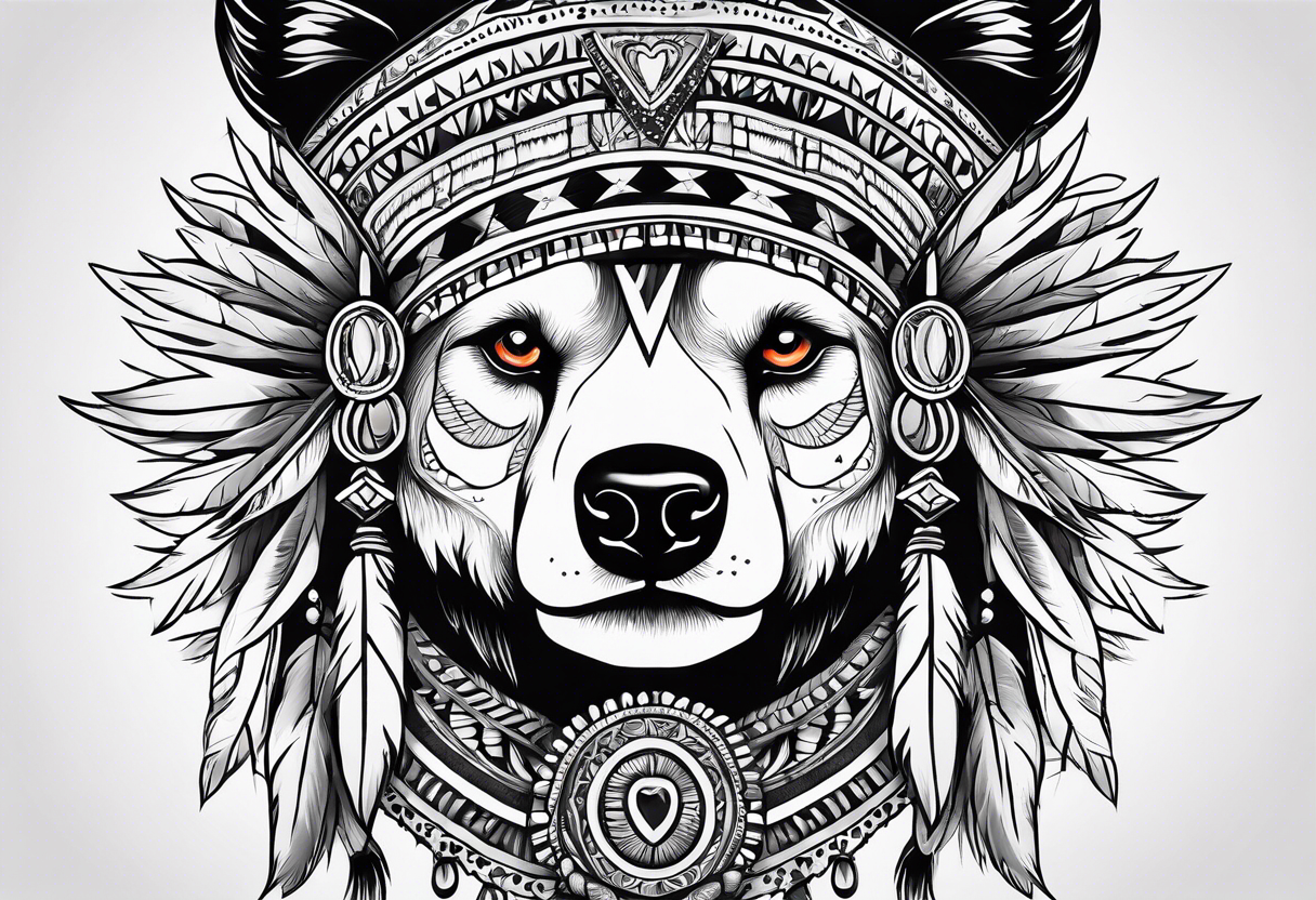 Native style bear pelt with woman and traditional headdress tattoo idea