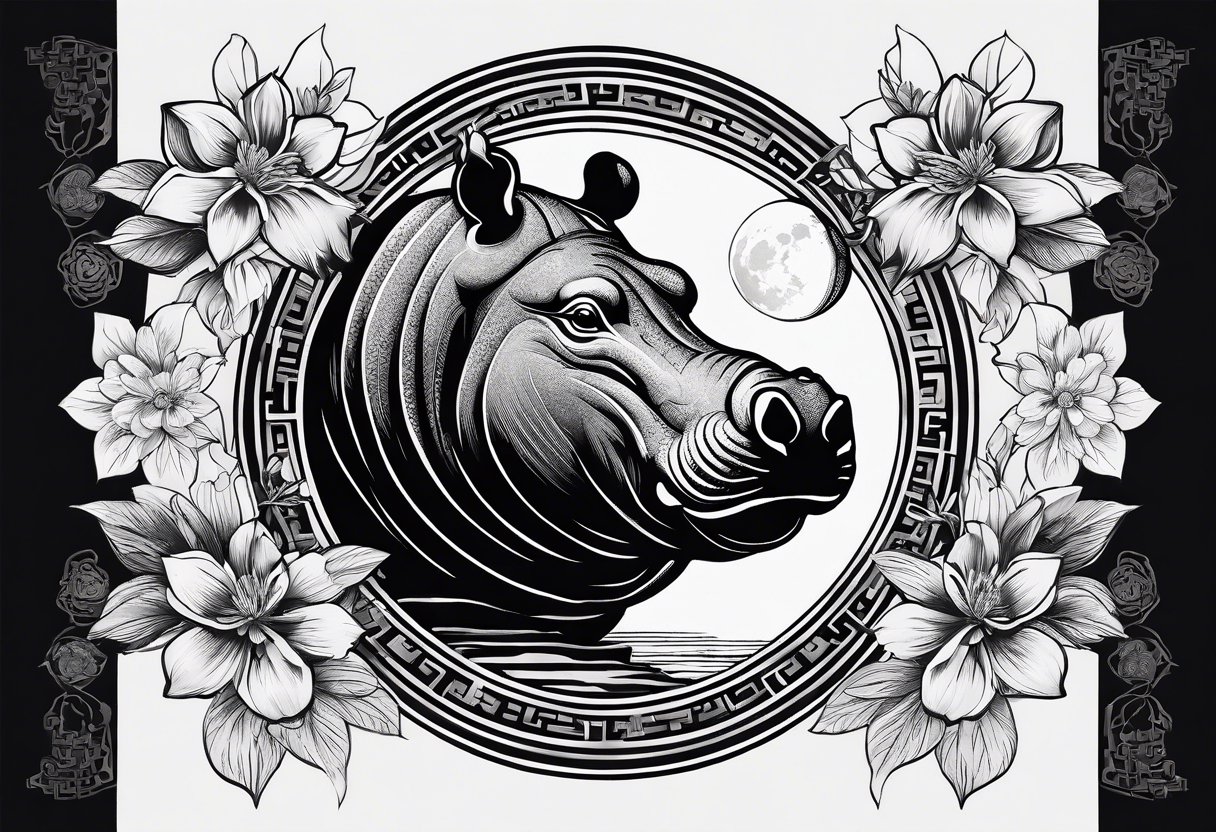 Very asymmetrical, +geometric pattern, with realistic full moon, with seeious looking hippo, +zen feel, + Buddhism touch,
with wintersweet flower bud, +portrait orientation, +inkart touch, tattoo idea