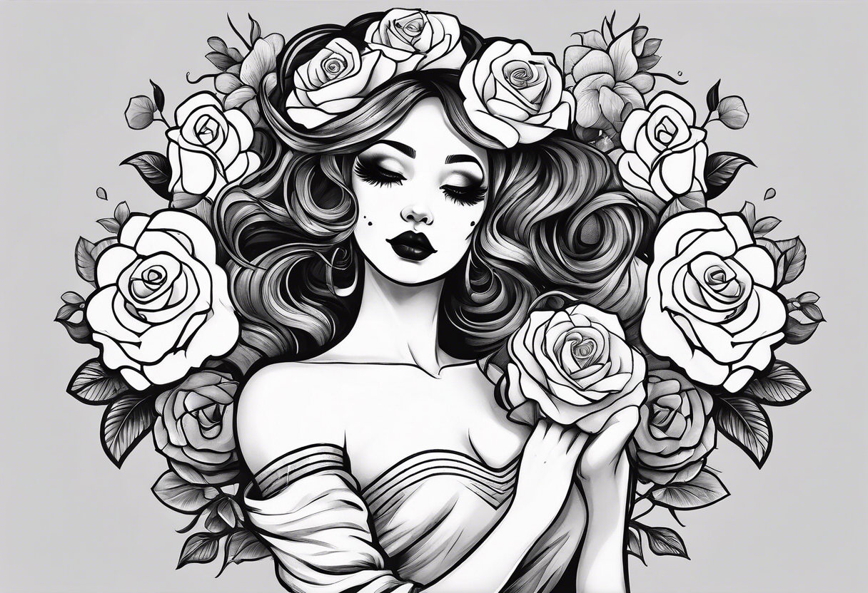 mime girl in white dress surrounded by roses tattoo idea