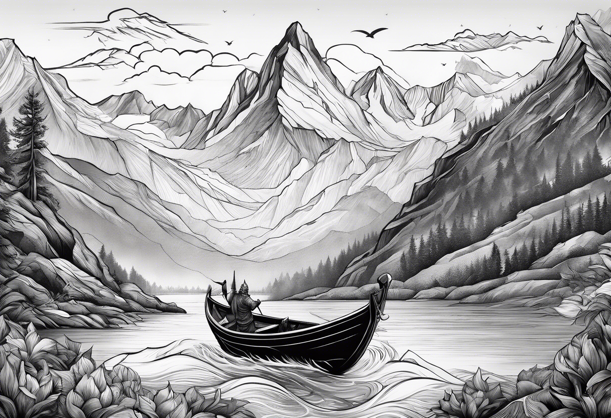 Mountains with Thor and his boat pulled by goats flying over them tattoo idea