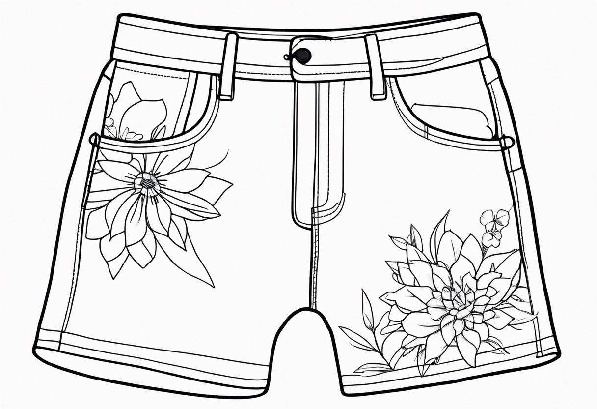 minimalstic outlined overall-shorts with flowers. Thin lines. tattoo idea