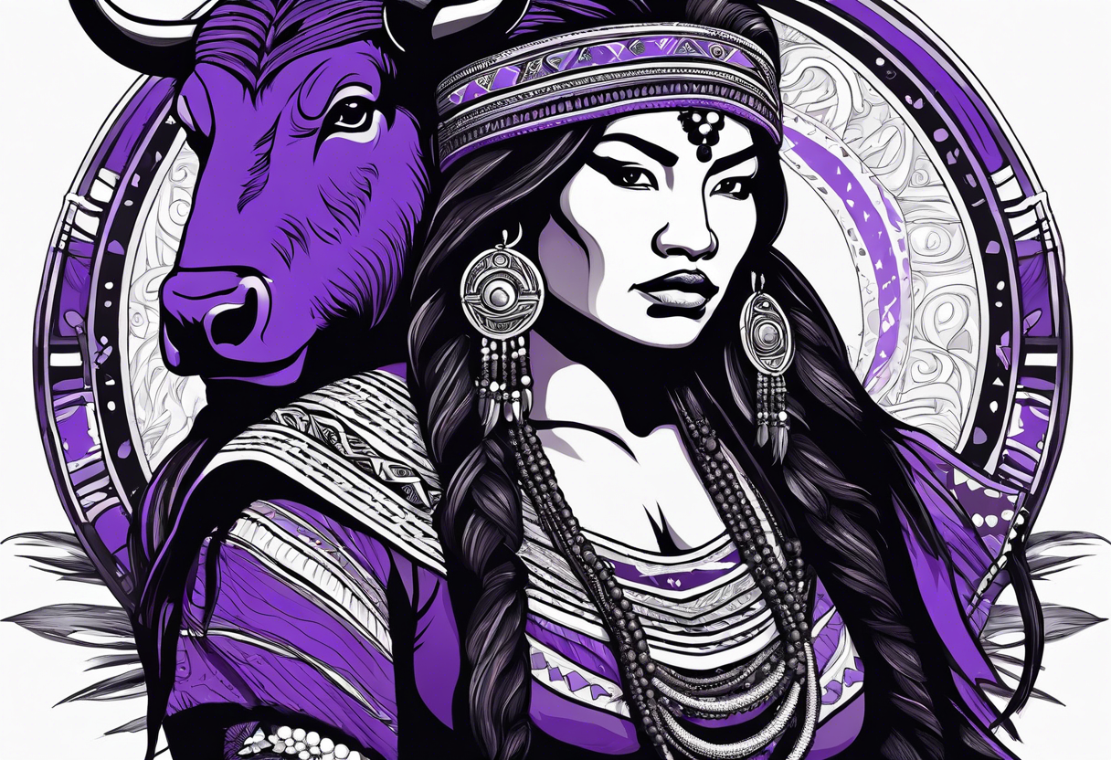 native woman female warrior with quiver on her back. she is wearing bead headband. she is sitting on a purple buffalo, the buffalo is standing up, standing still tattoo idea