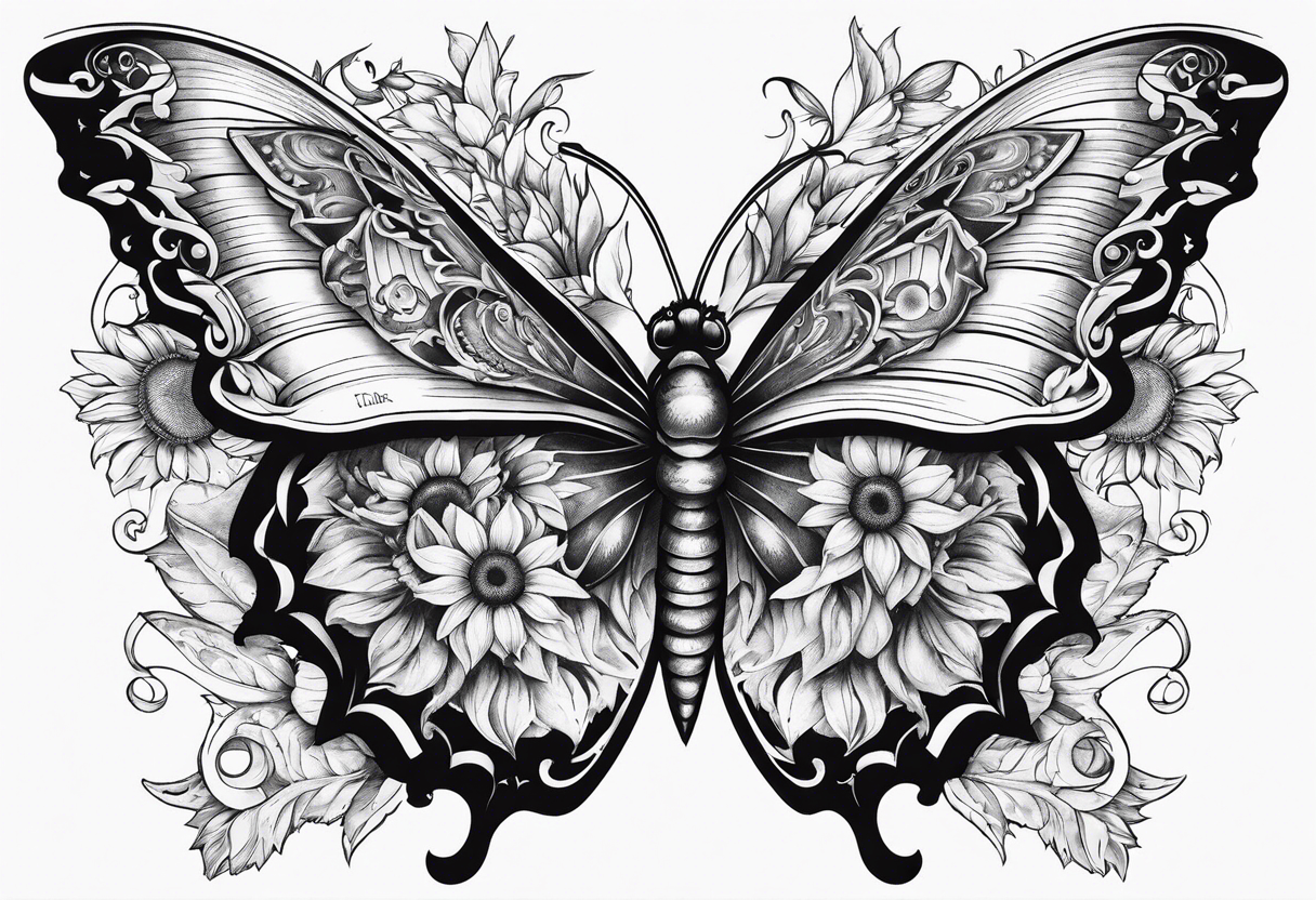 Butterfly, sunflower, book, fly, fish tattoo idea