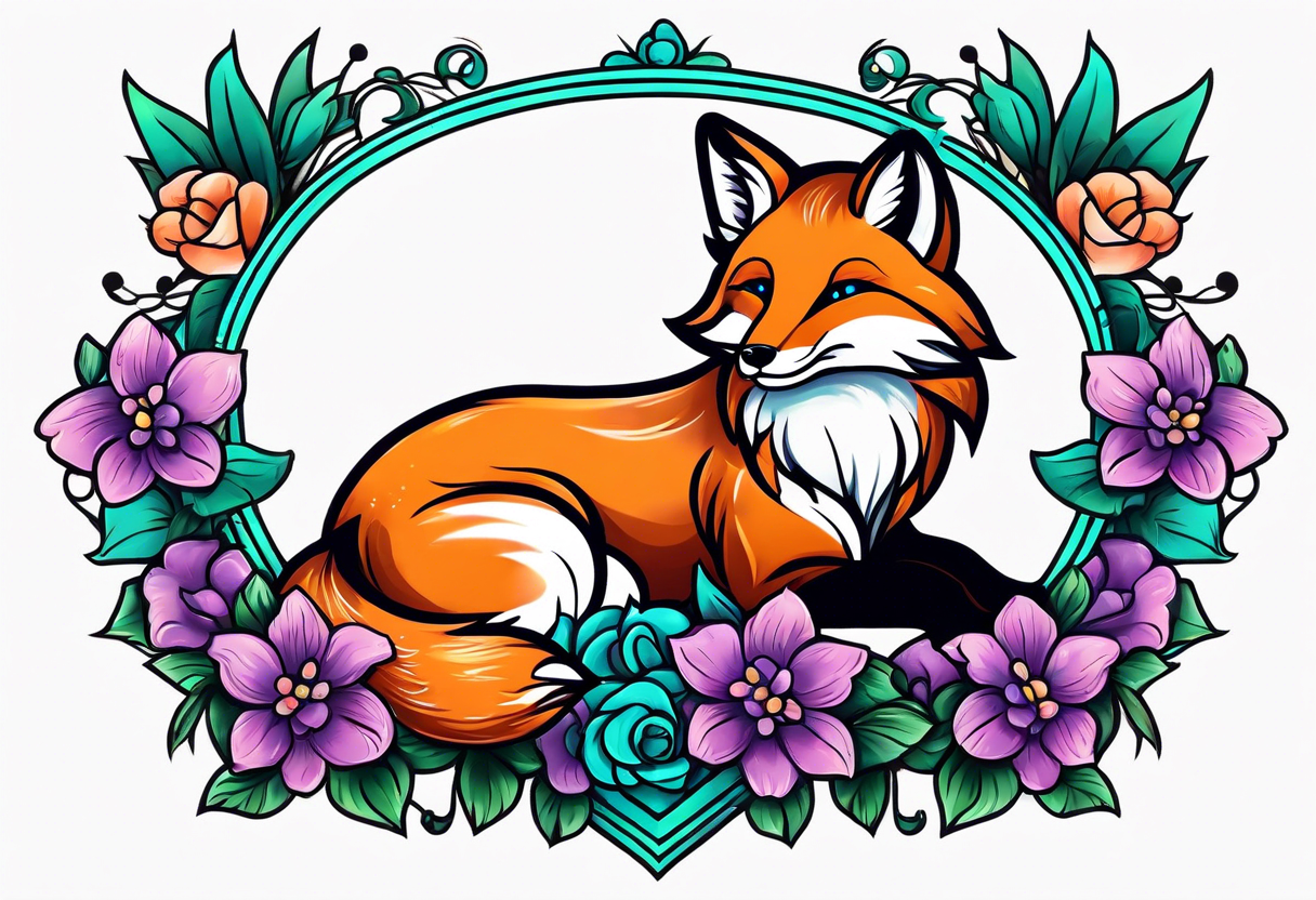 Neo traditional fox with violets and teal frame tattoo idea