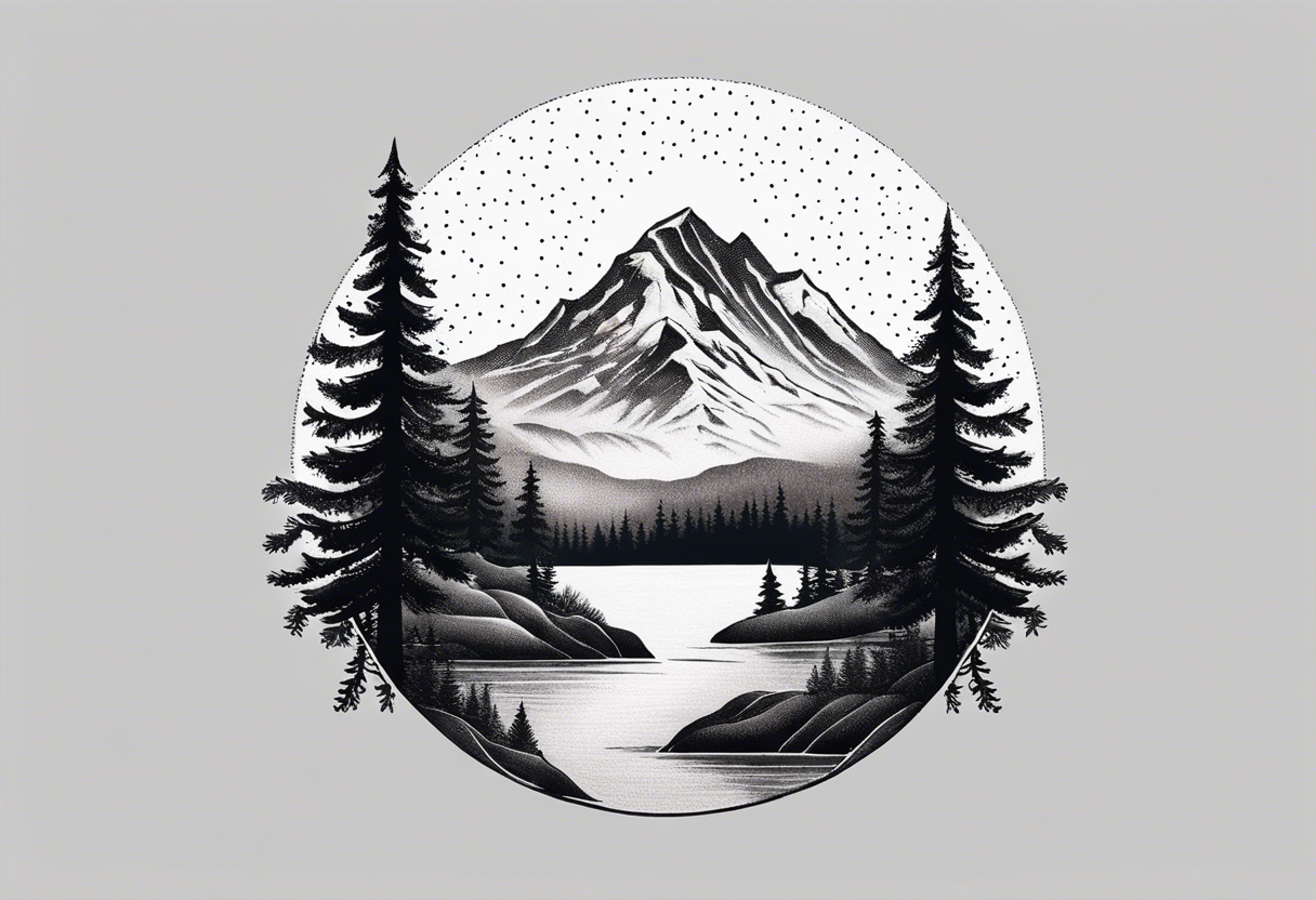 A snow capped mountain with pine trees and a river tattoo idea