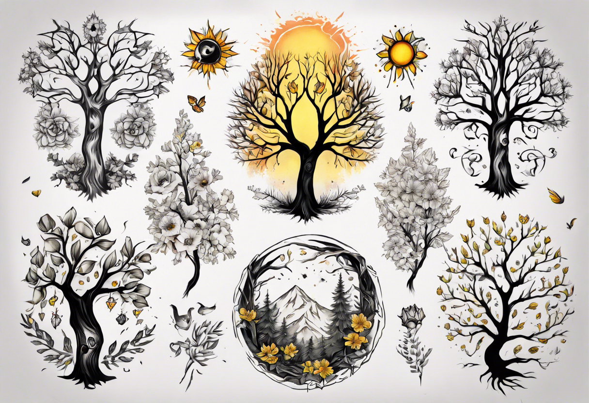 sonne, eule  wald, 
blume des lebens, 
baum tattoo idea