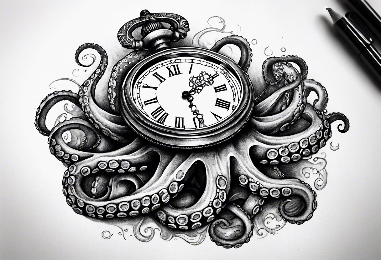 Octopus attacking an old pocket watch with his tentacles tattoo idea