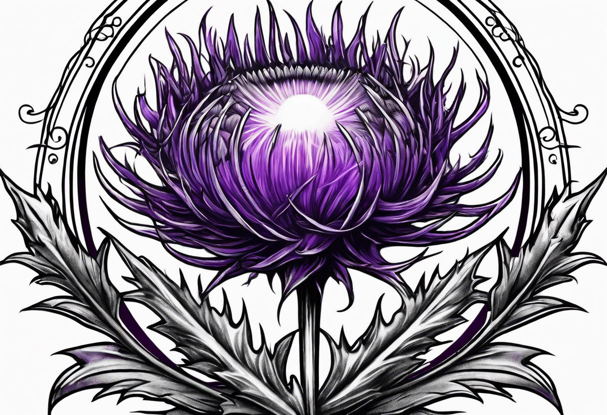 Single purple thistle with Neptune planet in the background tattoo idea