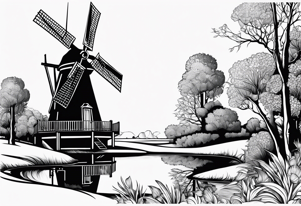 dutch windmill with text above "KLOMP" tattoo idea