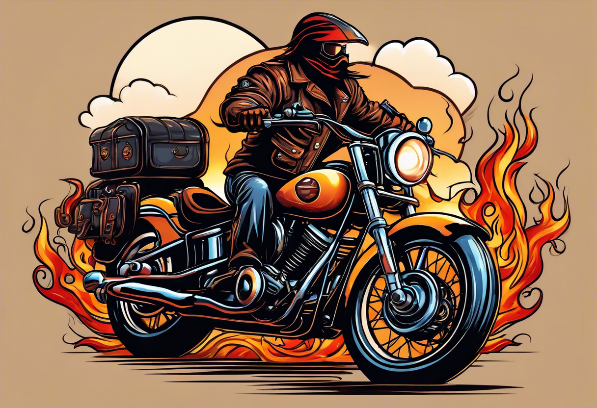 A single eyeball with arms & legs & a mustache riding a motorcycle with flames coming out the pipes. The rider should be face on and there should be a desert scene in the background tattoo idea