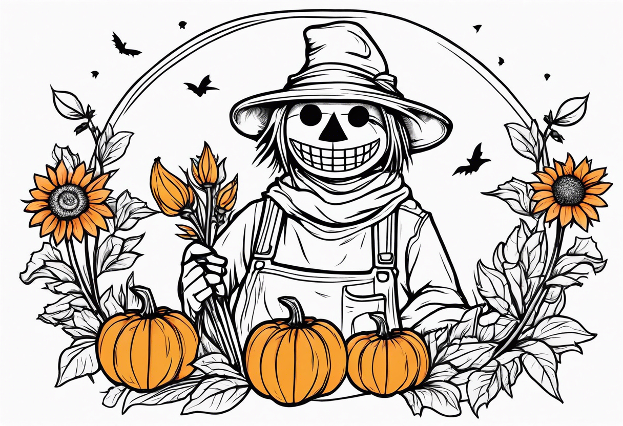 friendly scarecrow with pumpkins and flowers tattoo idea