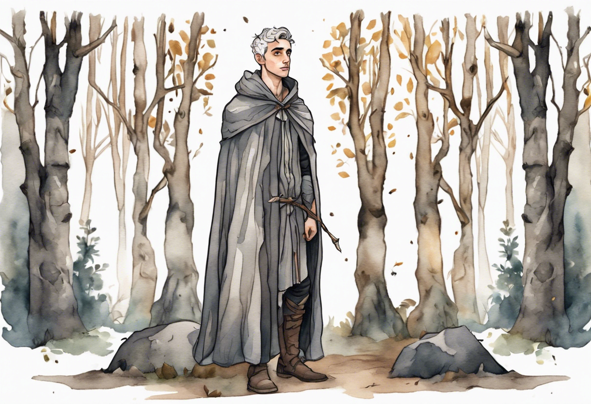 a sad Tan France wearing a grey medieval cloak standing in a birch forest tattoo idea