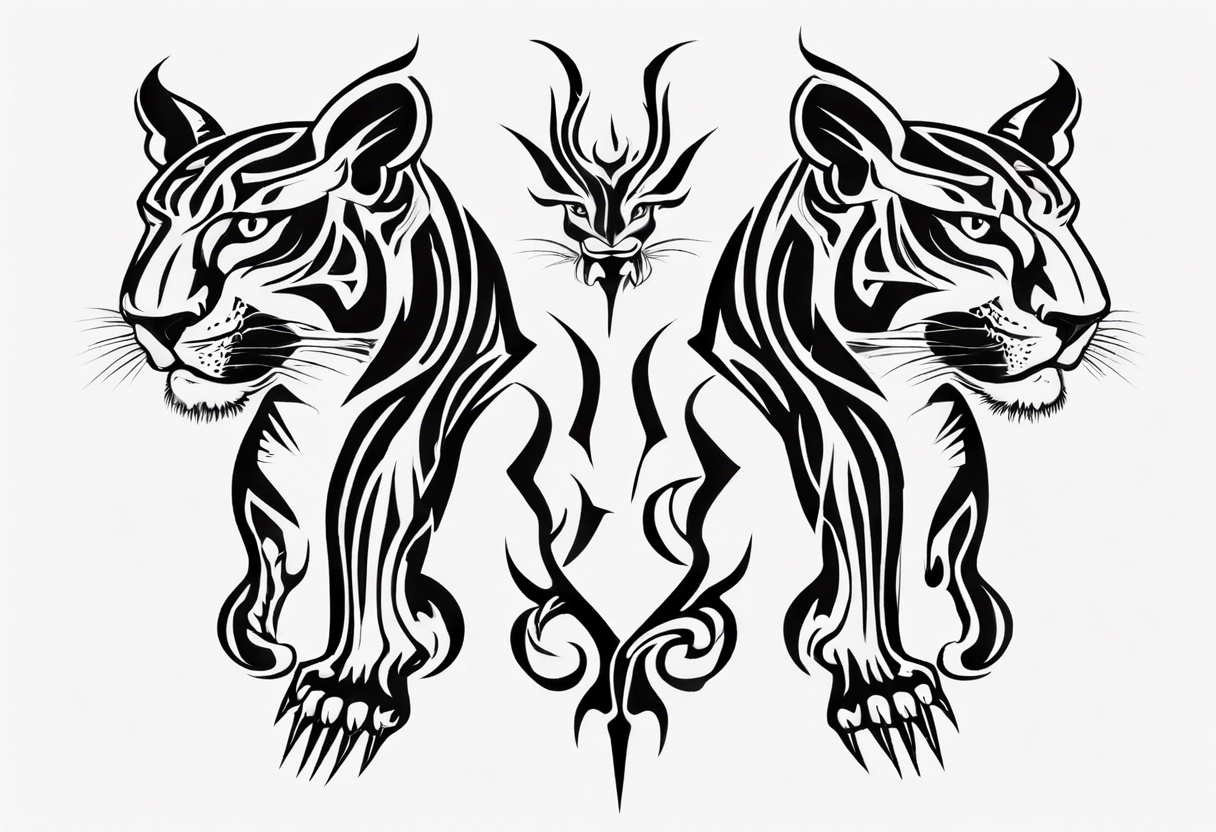 Generate a tattoo concept with two black pumas flanking a central element. Position the pumas side by side, facing outward, mirroring each other's stance. tattoo idea