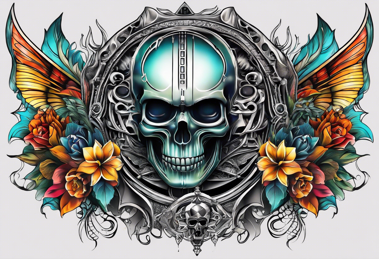 H.R. Giger tattoo with evil skull, various flowers, geometric shapes, water flow and fall colors tattoo idea