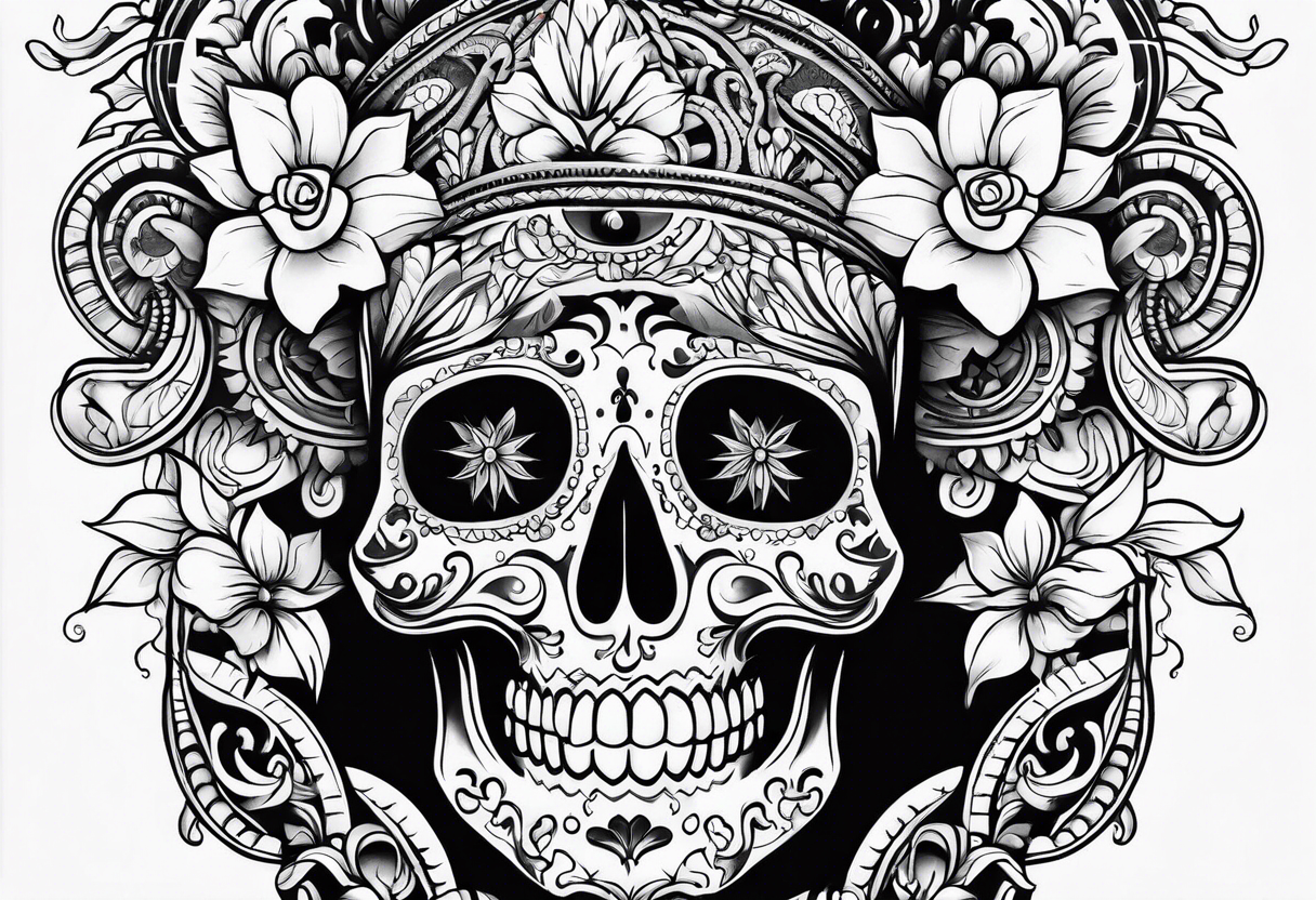 Black and white Mexican style sleeve tattoo idea