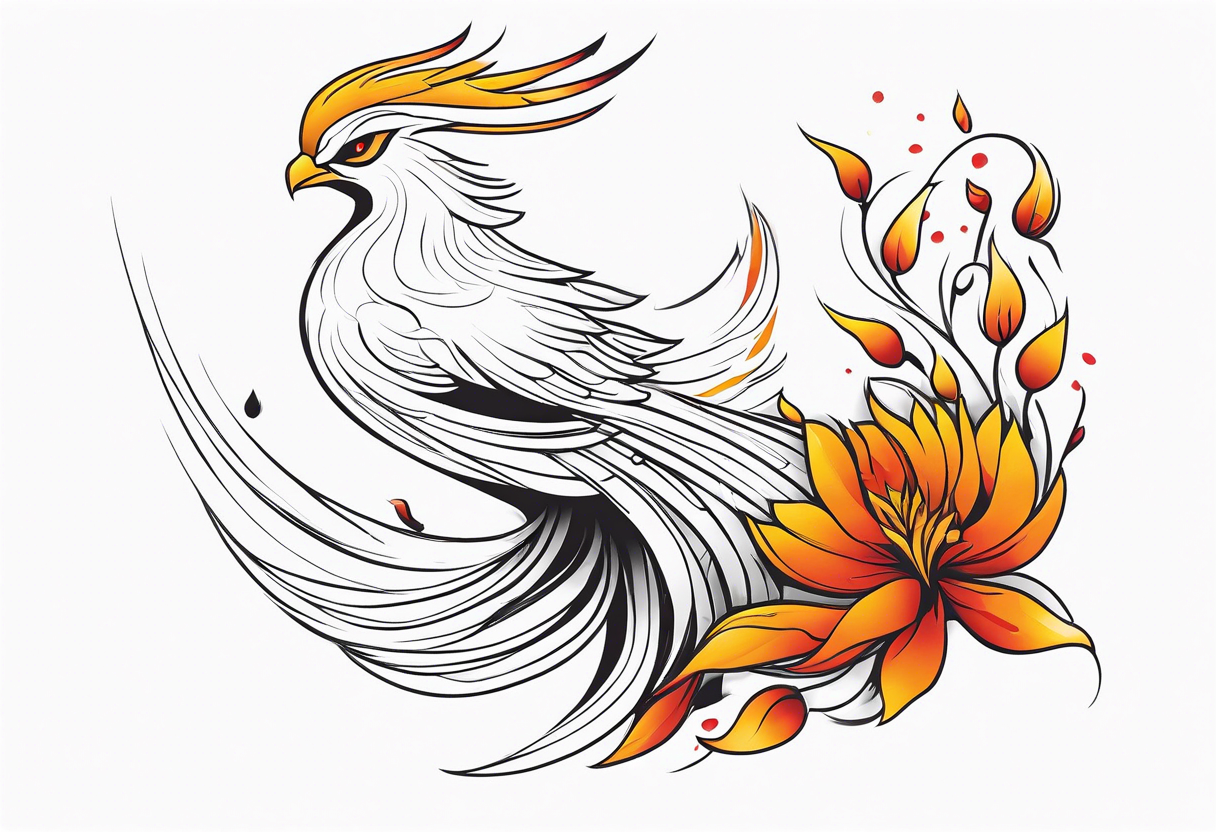 elongated phoenix in profile with claws holding flowers falling tattoo idea