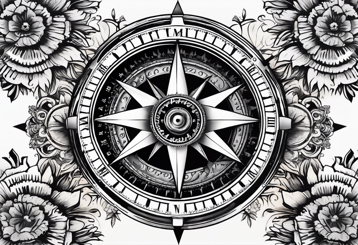 A Vintage compass with gears and marigold flower behind the compass. tattoo idea