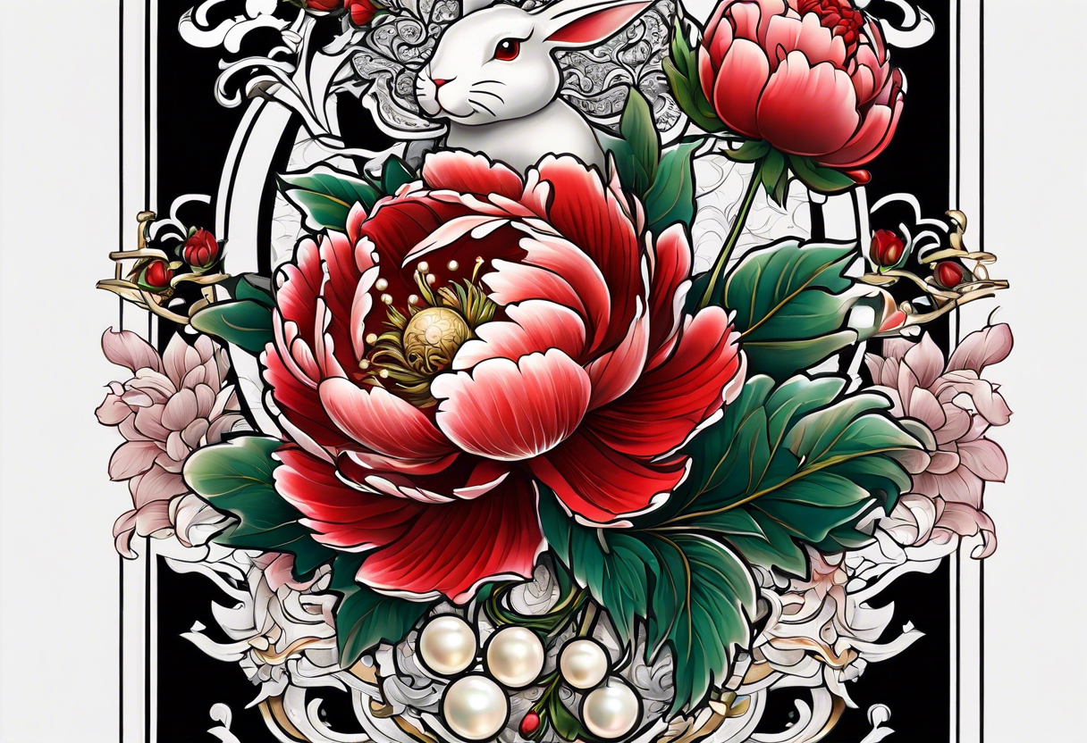 Red peony with dangling pearl necklace with rabbit on top tattoo idea