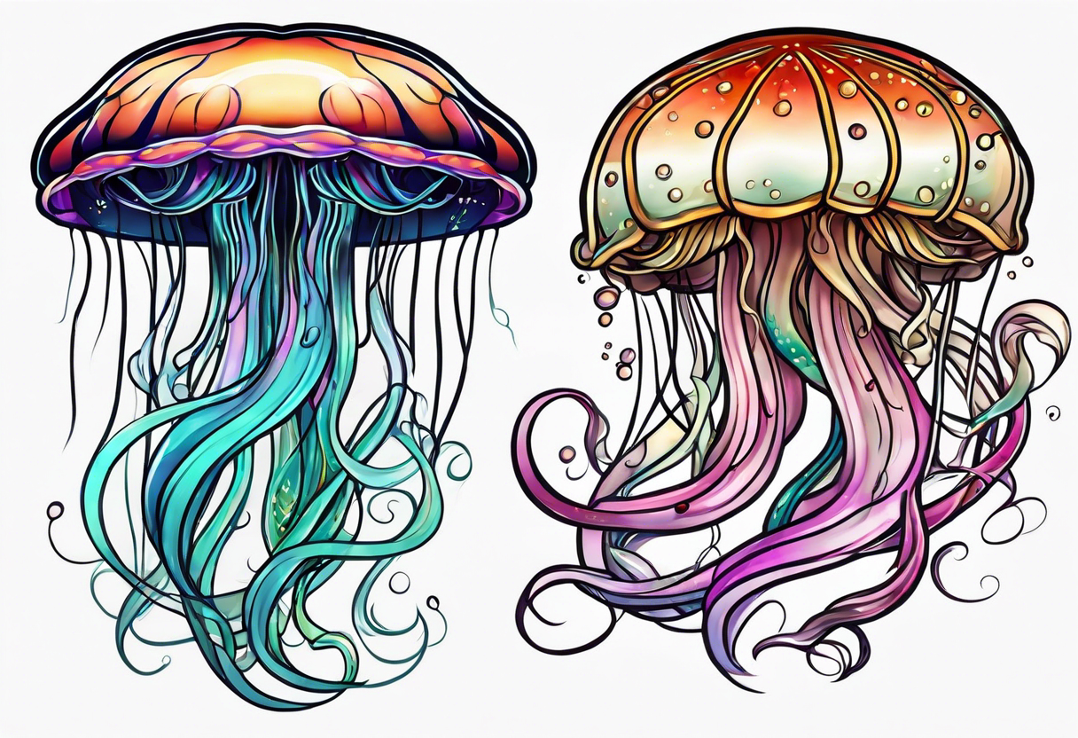 two jellyfish swimming together, with one larger than the other, with space in between them both with long tentacles of varying lengths and design tattoo idea