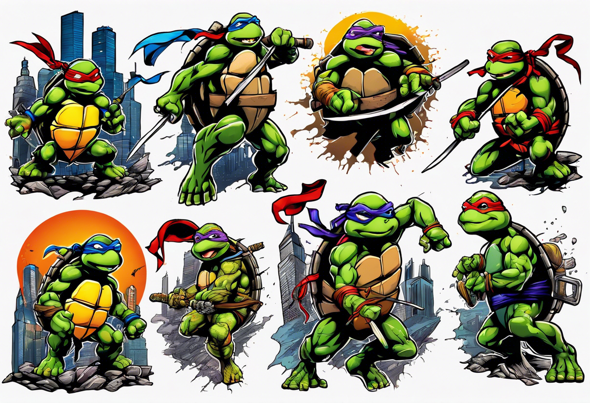 all four teenage mutant ninja turtles fighting enemies in a cityscape tattoo idea