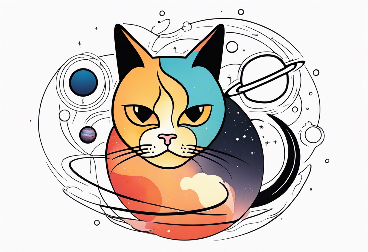 cat with an angry face surrounded by  planets tattoo idea