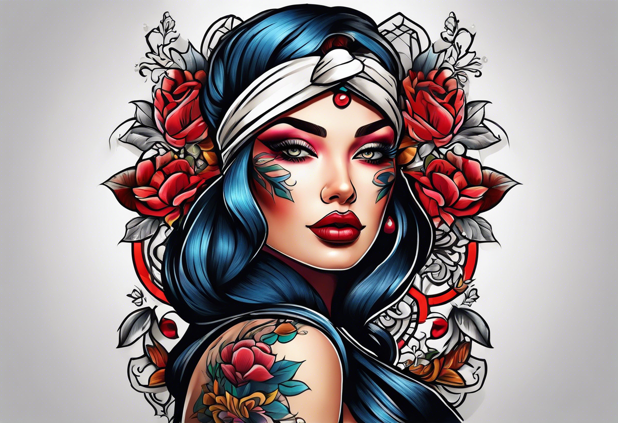 Bold Neo traditional blindfolded woman tattoo idea