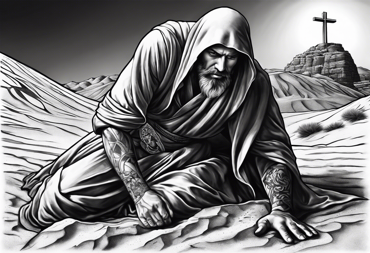 man crawling in a desert reaching to the cross of Christ tattoo idea